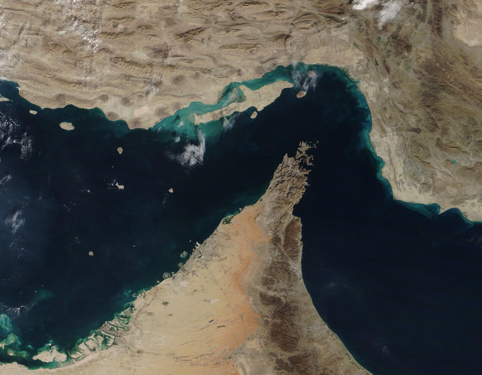 Satellite view of the Strait of Hormuz.